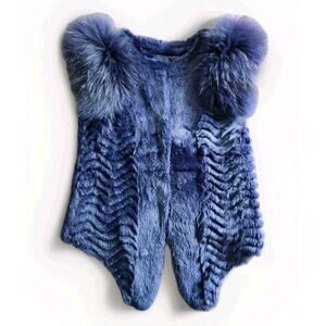 CF Charm Furs NY Women’s Navy Rabbit & Raccoon Fur Vest Puff Shoulders Size Xs